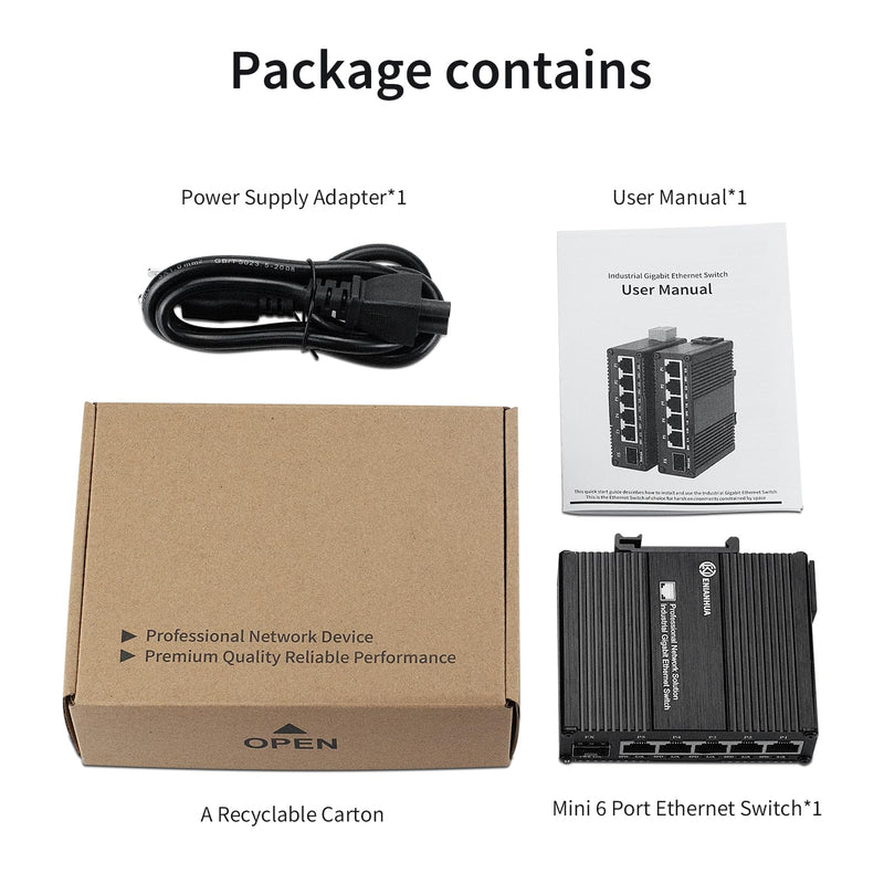 6 Port Unmanaged Ethernet Network Switch with 5* 10/100/1000 Base-T Ports, 1*1000Base-X SFP Port, 14Gbps Switching Capacity, Plug and Play, Din Rail Mount or Wall Mounts, Support 110~220V AC