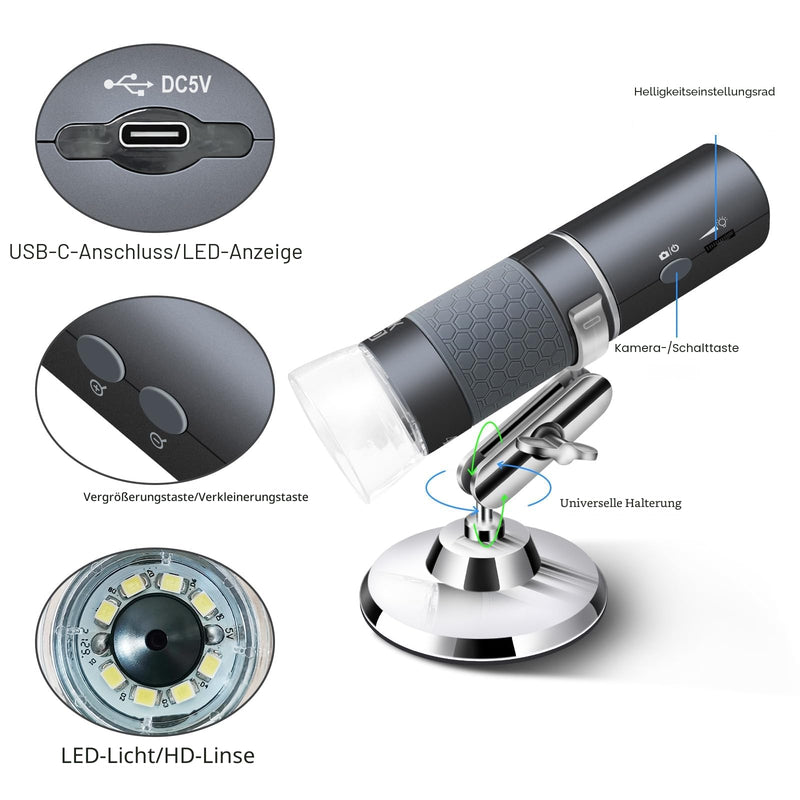 4K WiFi Microscope for iPhone Android PC 50 to 1000X USB Digital | Mikroskop Wireless Super HD Endoskopkamera Kompatibel mit Handys iPad Tablet Windows Mac Chrome Linux Münzen Löten Set gray