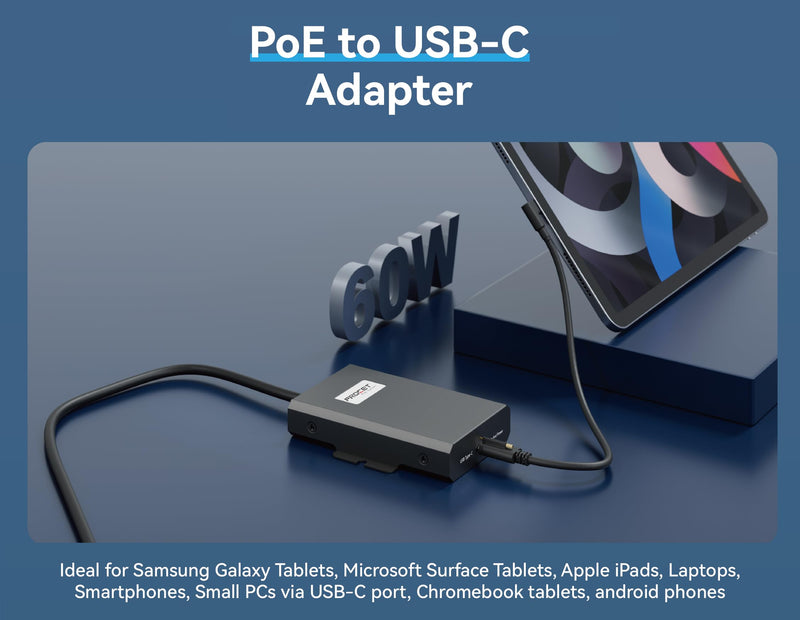 PROCET Gigabit PoE to USB C Converter up to 60W RJ45 to C Type Power with Ethernet Connectivity, Wide Working Temp -4℉ to 131℉ for Echo Hub, Home Assistant, Beosound A5, VR Quest, Tablet, iPad, Laptop