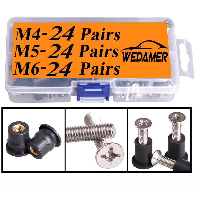 WEDAMER 72 Pairs M4 M5 M6 Neoprene Well Nuts with Stainless Steel Screw M5 Rubber Well Nuts Kayak Brass Copper Bolts Well Nut Kit for Kayak Motorcycle Boat Marine Windscreen Accessories (M4 M5 M6) M4/M5/M6 Each 24 Pairs