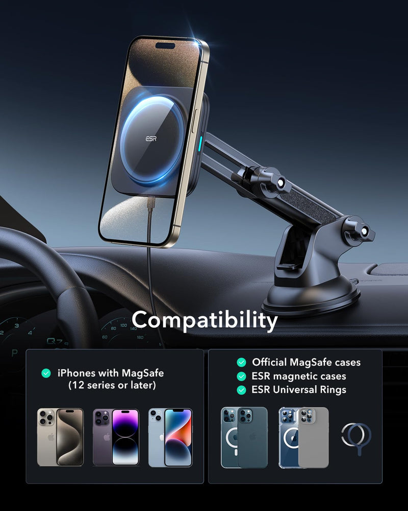 ESR for Qi2 15W MagSafe Car Mount Charger, Qi2-Certified MagSafe Car Charger, Dashboard/Windshield Magnetic Wireless Car Charger, Car Phone Mount for iPhone 15/14/13/12, Fast Charging, Black