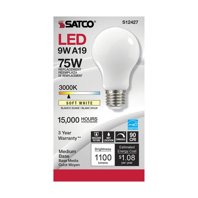 Satco (6 Pack Dimmable Led Filament Lamps, S12427, High Lumens, 11 Watt, A19; Soft White; Medium Base; 3000K; 90 CRI; 120 Volt for use at Residential, Hospitality, Display and Commercial