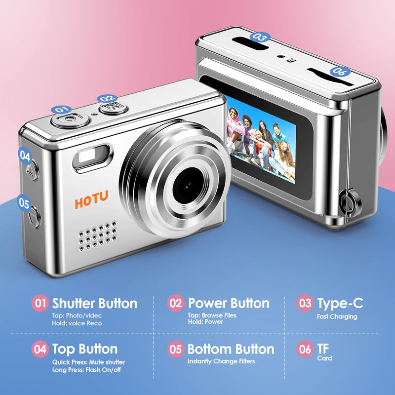 Mini Keychain Digital Camera, Y2K Pocket-Size Mini Camera, 2MP 1080P SmallCamera with 32GB Card, Video Recorder with Long Battery Life for Travel, Party and Vlog (Silver) Silver