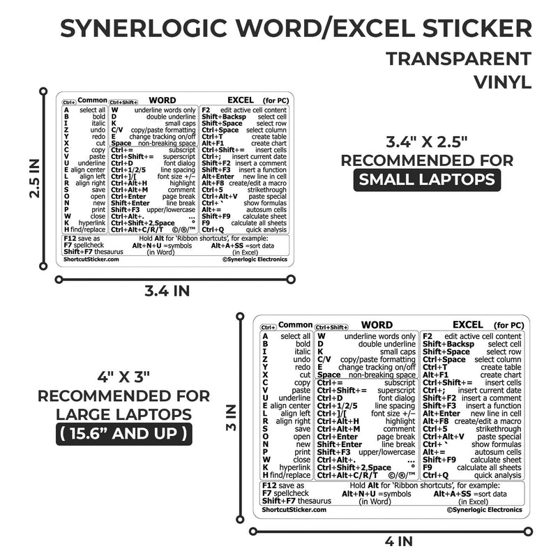 Synerlogic Word/Excel Windows Shortcut Sticker | Reference Guide Keyboard Shortcut Sticker | Work from Home Essentials | Excel Shortcuts Cheat Sheet Laminated & No-Residue Vinyl (Clear/Small, 1pc) 1 Clear