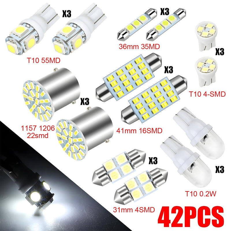 42 Pcs Car LED Lights Kit, Auto Interior Bulbs Set, 6000K 12V T10 For Accessory, Brake, License Plate, Map, Parking Lights