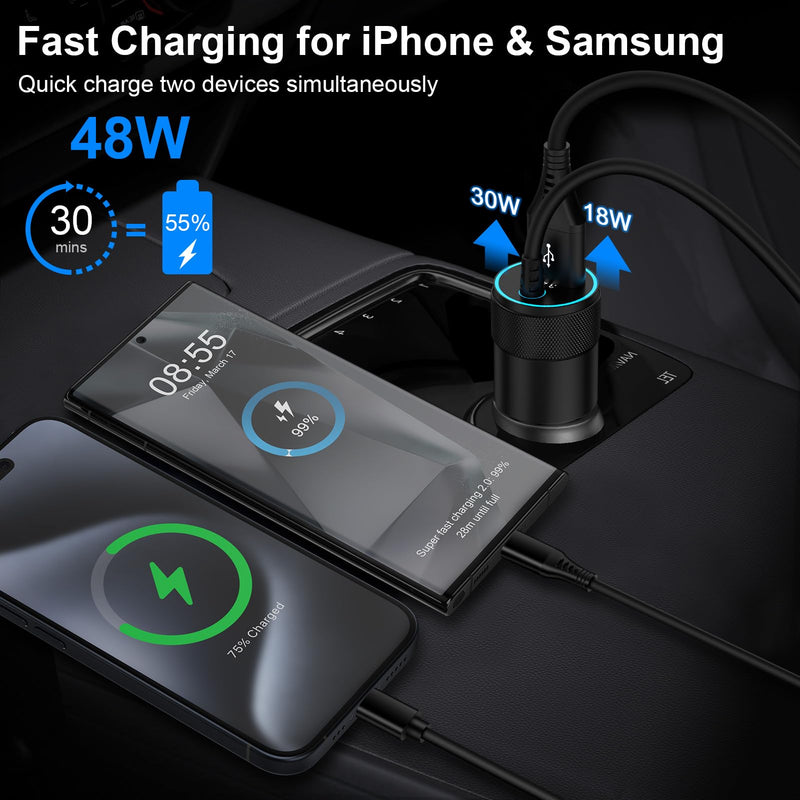 48W Fast Car Charger USB C for iPhone 15/15 Pro/15 Pro Max/15 Plus 14 13 12 11,Type C Car Fast Charging Adapter for Samsung Galaxy S24 Ultra A15 5G A54 A14 S23 S22 S21 S20,Google Pixel 8 Pro 8 7a 7 6a