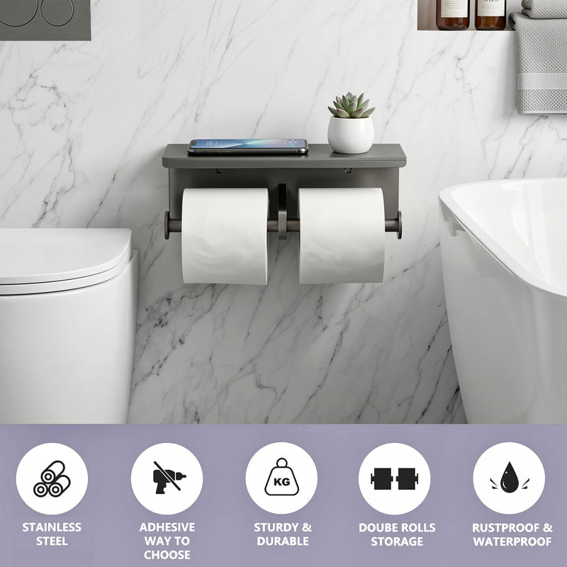 Double Toilet Paper Holder with Phone Storage Shelf Grey | Stainless Steel Tissue Roll Rack Large without Cover