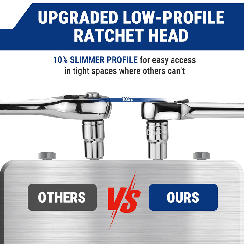 WORKPRO 3-Piece Low-Profile Drive Ratchet, 1/4", 3/8", 1/2" 90-Tooth Quick-Release Ratchet Wrench, Reversible, 4° Swing, CR-MO Compact Drive Head, Full Polished, Gifts for Men 3-Piece(1/4", 3/8", 1/2")