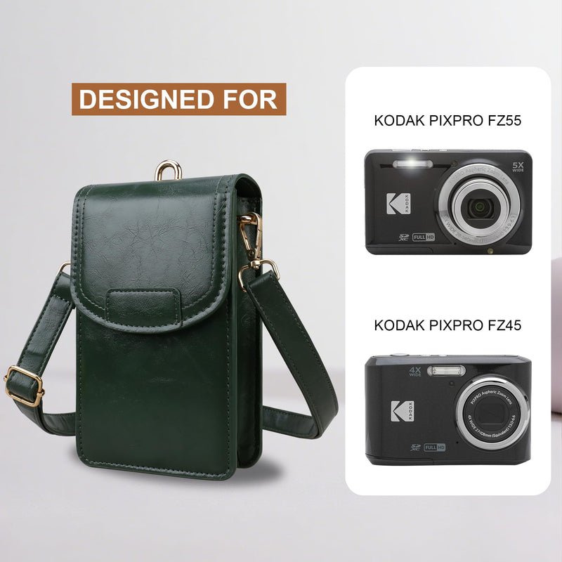 Lacdo Camera Case Bag for KODAK PIXPRO FZ55/FZ45/FZ53/FZ43 Digital Camera, Leather Crossbody Camera Sling Bag Purse, Lightweight KODAK PIXPRO FZ55 FZ45 Camera Bag Case with Shoulder/Hand Strap, Green