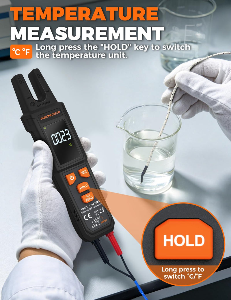 UM01 True RMS AC/DC Digital Current Clamp | U-shaped clamping jaw, AUTO detection, NCV, live phase detection – clamp multimeter & ammeter clamp in one.