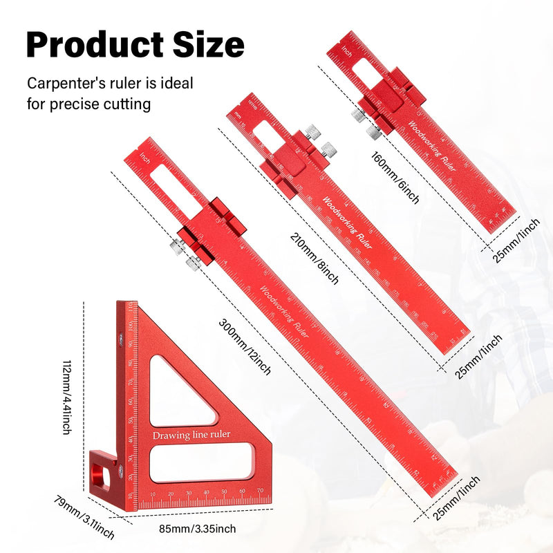 4 Pcs Woodworking Ruler, Metal Precision Pocket Rulers 12, 8, 6 Inch with 3D Multi Angle Measuring Ruler 45/90 Degree for Precision Measuring Marking Inch and Metric