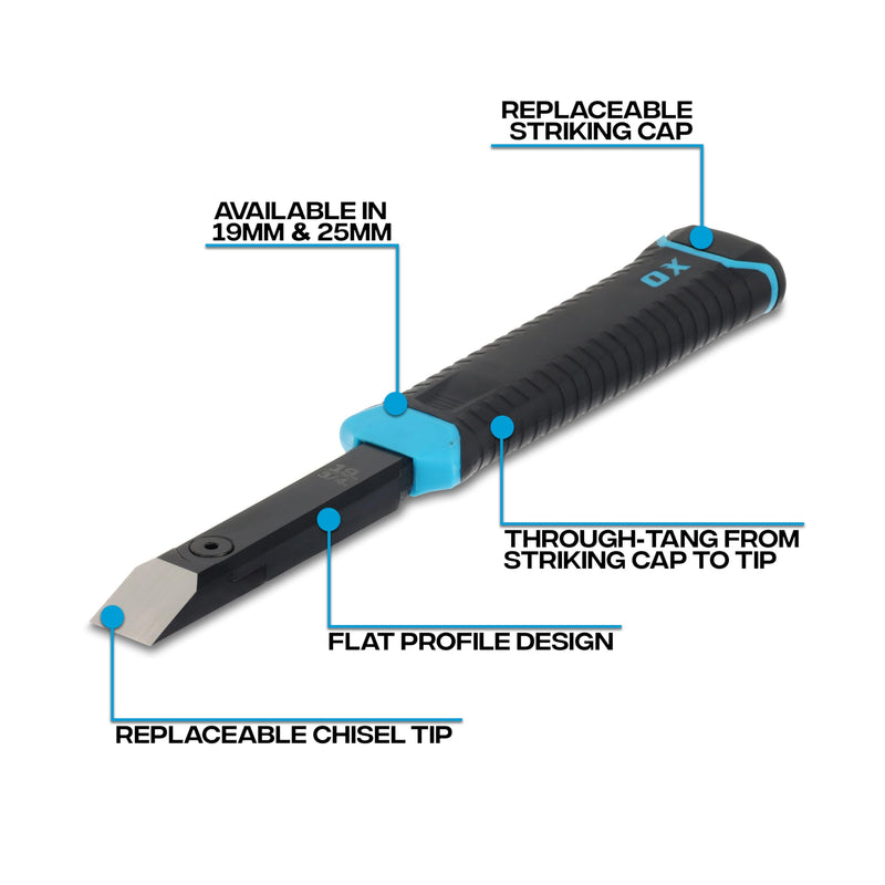 OX Pro 1" Replaceable Tip Wood Chisel with Holster and Extra Tips - Steel Full Tang with Reinforced Striking Cap for Construction Carpentry and Framing OX-P371325 1" Chisel + Tips