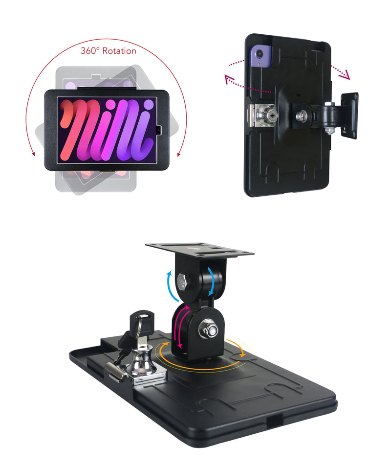 On Wall Mount Bracket Stand for iPad mini 7 A17 Pro 2024/ iPad mini 6 2021 8.3",with Anti Theft Security Lock & Key,Rotate Arbitrary Adjustment,Multi Angle,Metal,(Black)
