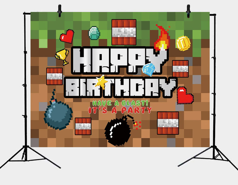 Pixel Happy Birthday Backdrop Video Game Themed Party Photography Background Kids Boy Birthday Video Gaming Battle Gamer Party Supplies Cake Table Decor Banner (7X5FT) 7X5FT