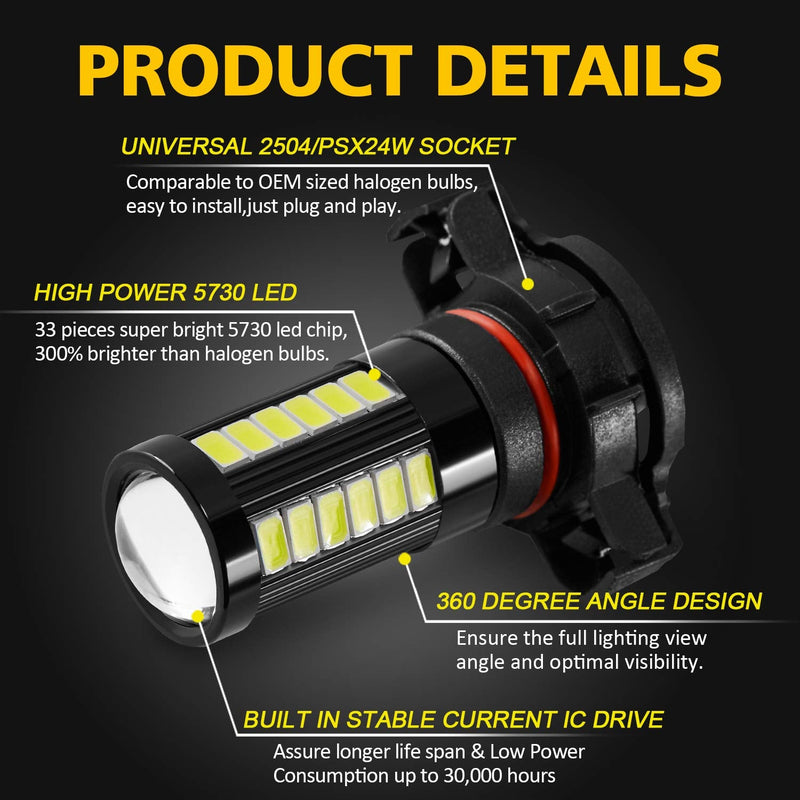 AUXLIGHT 2504 PSX24W 12276 LED Fog Light Bulbs 6000K Xenon White, Super Bright 2800 Lumens 33-SMD Chips LED Daytime Running Lights DRL Bulbs Replacement for Cars, Trucks (Pack of 2)