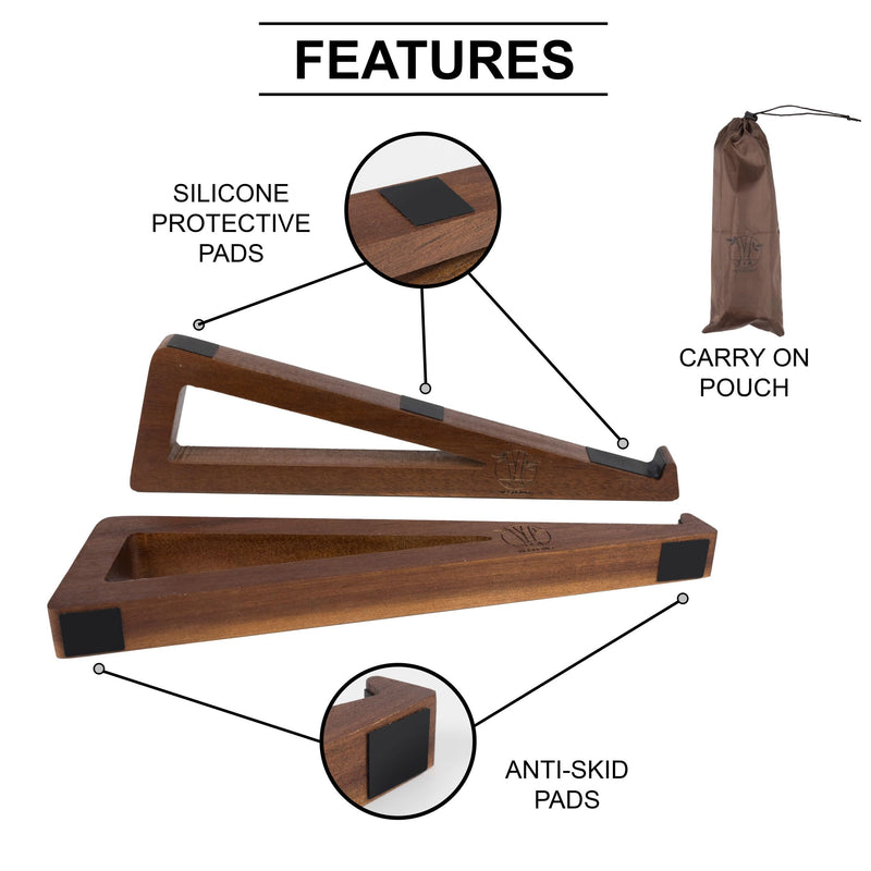 S&A WOODCRAFT Wooden Laptop Stand, Portable Desk Laptop Holder for Tablet with Carry Pouch, Compact Travel Laptop Stand with Protective Silicone Pads, Suitable for Laptops and Tablets Brown Acacia