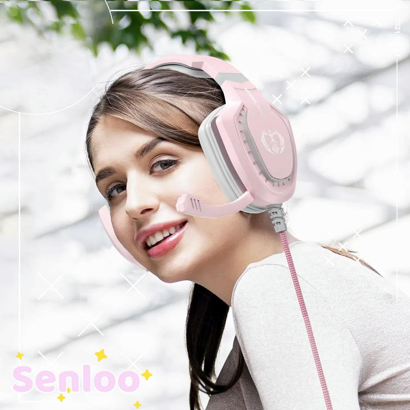 Pink Gaming Headset with Mic for PC Computer Mac Laptop, Over-Ear Wired Gaming Headphones with Microphone, Volume Control, Compatible with PS4 Xbox PS5 Controller Phone
