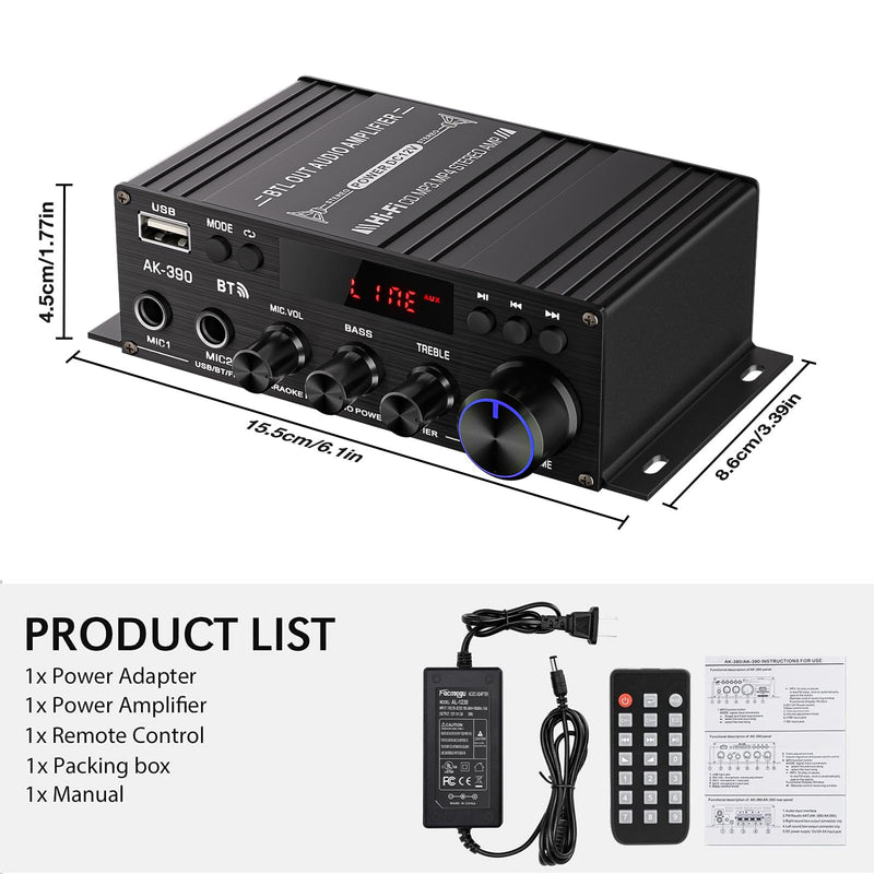 AK-390 2.0CH Stereo Amplifier, Max 400W HiFi Stereo Amplifier, Bluetooth 5.0 Home Audio Power Amplifiers with MIC/RCA/USB/SD for Car Home Karaoke Bar Garage, Remote Control & Power Adapter