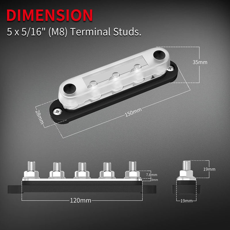 DAIERTEK 12V Bus Bar 5 x 5/16" (M8) Terminal Studs 12V Power Distribution Block with Cover Max 300V AC 48V DC Positive & Negative Battery Distribution Block for Automotive Car Boat 150A-T5M8