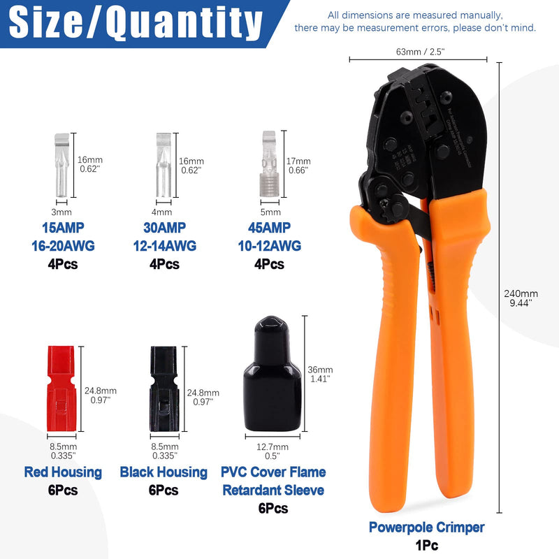 Glarks 31Pcs Power Connector Crimper Assortment Kit Set including Ratcheting Wire Crimper with 15A 30A 45A Power Connectors and Cap Compatible with Anderson Connector