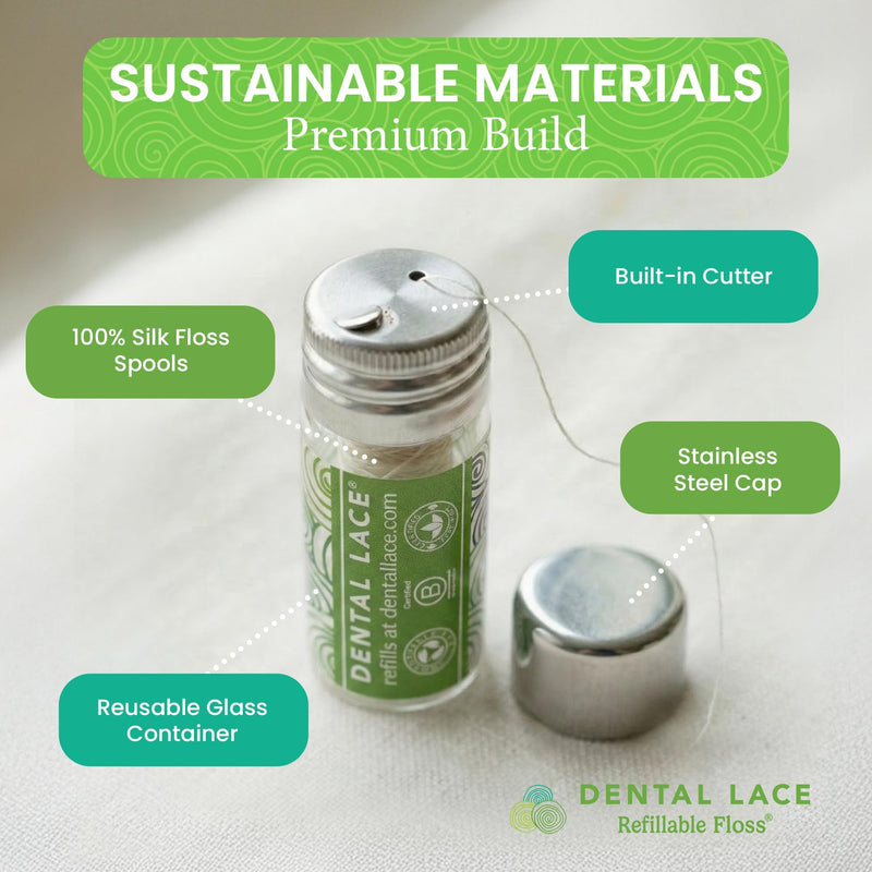 Dental Lace Refillable Silk Dental Floss - 100% Silk Floss with Mint Flavor, PFAS & PTFE Free - Includes 2 Refillable Wave Glass Floss Container and 4 Spools (Total 120 Yards) - Recyclable Packaging Green (Pack of 2)