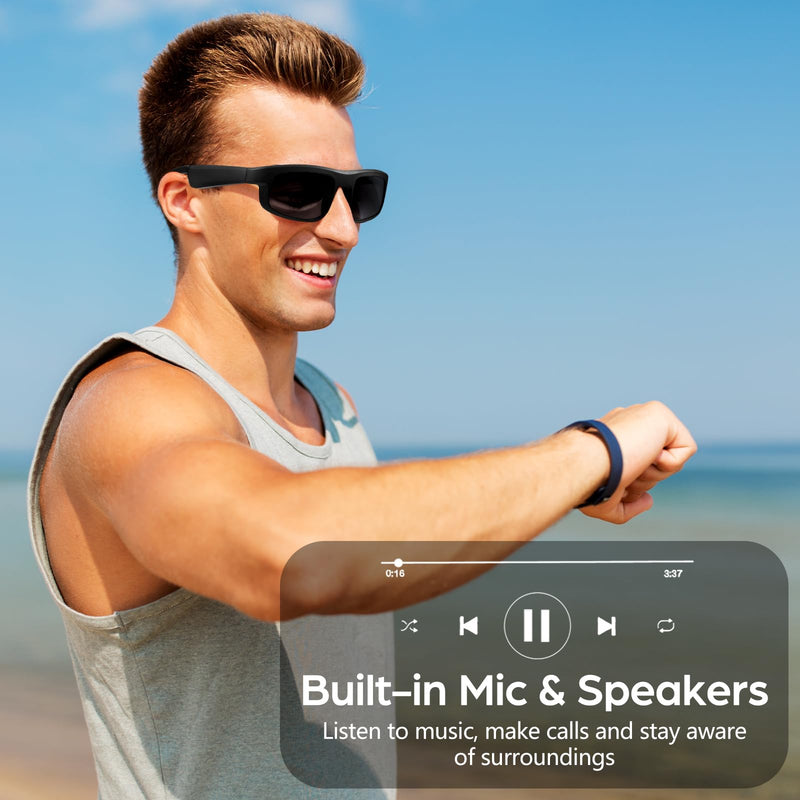 Smart Glasses, Polarized Bluetooth Sunglasses with Speaker, Voice Assistant, Open Ear, UV Protection Outdoor Audio Glass Black Frame-Black Lens-Style1