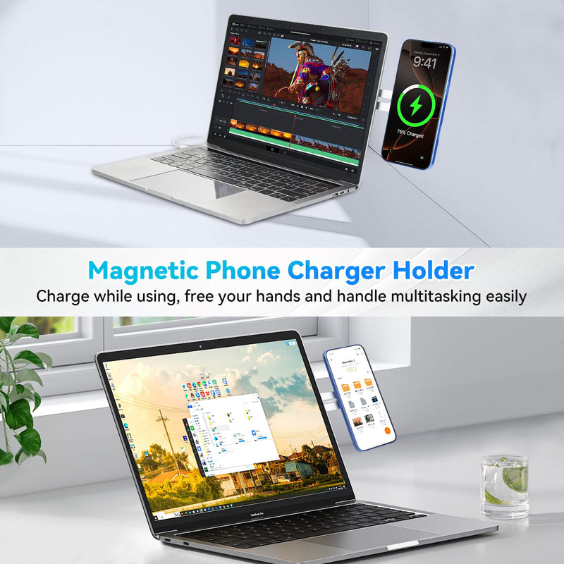 aceyoon Laptop Phone Mount, Fast Wireless Charger Magnetic Phone Holder for Laptop, 180°Adjustable Phone Stand for iPhone 16/15/14/13/12 MagSafe and All Phones, MacBook, PC Monitor