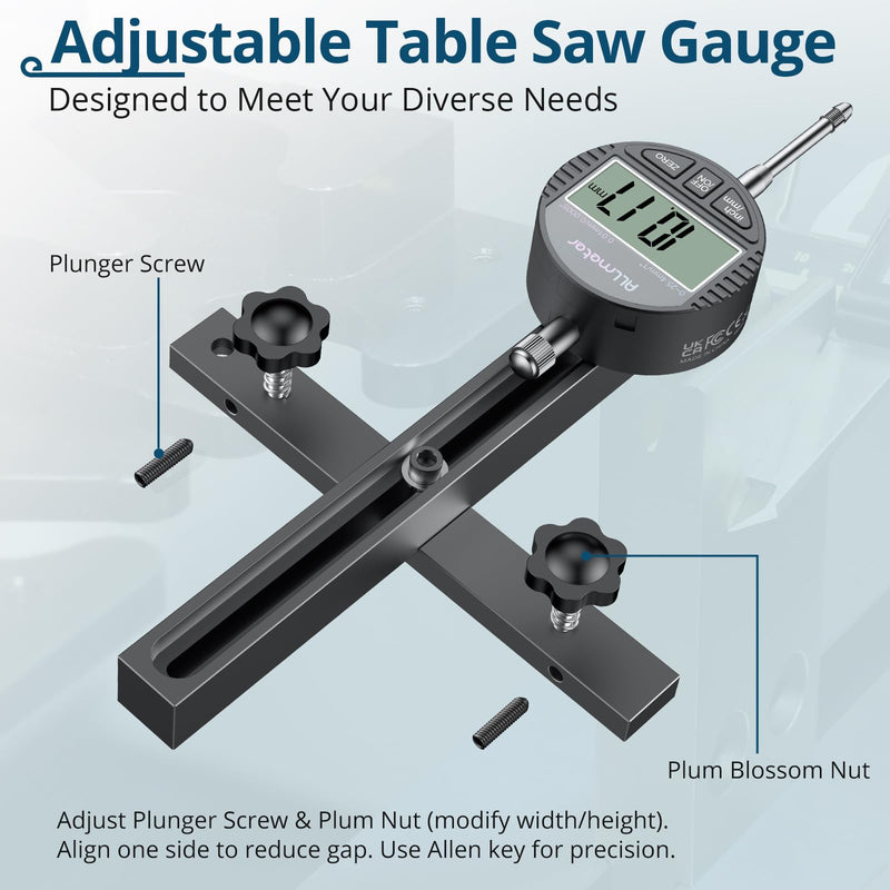 Digital Table Saw Gauge | Straight-Through Chute Design | 0.01mm Precision Dial Indicator | 3/4"(19mm) Aluminum Bar | for Blade/Fence/Arbor Alignment | Fits Saws with ≥3/4" Miter Slots Black 0~1 inch straight through