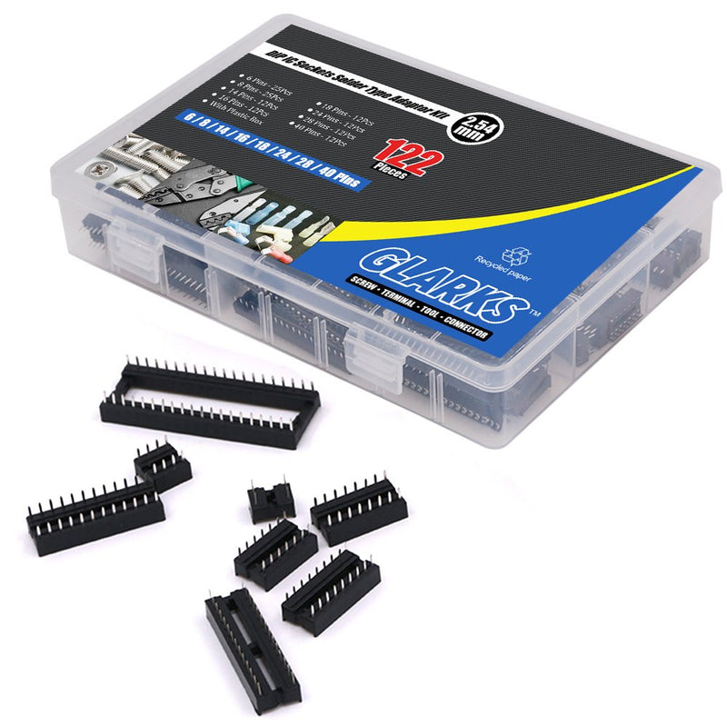 Glarks 122pcs 2.54mm Pitch DIP IC Sockets Solder Version Adapter Assortment Kit (6/8/14/16/18/24/28/40 Pins)
