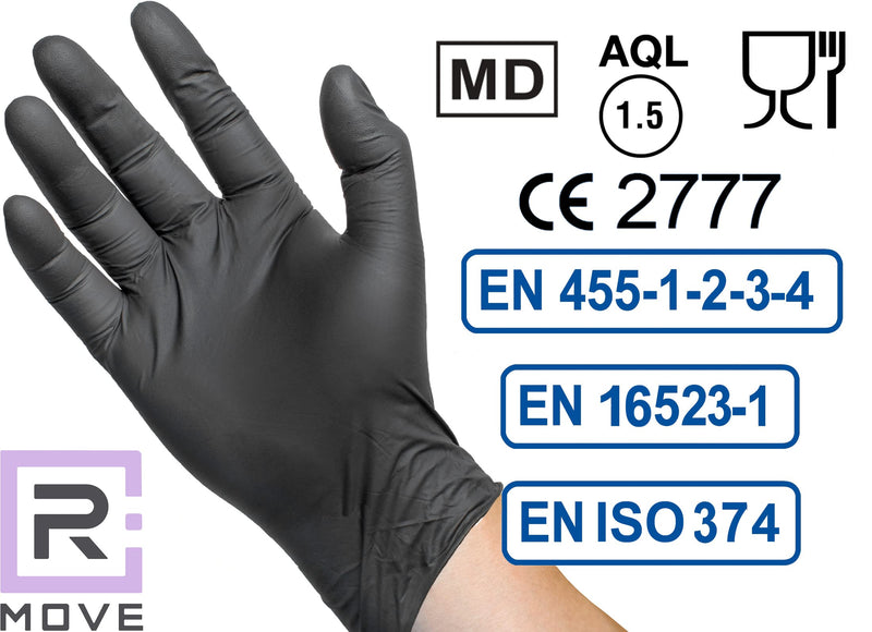 R MOVE Pack of 200 Disposable Gloves, Black, XL Nitrile Gloves, Rubber Gloves, Disposable Medical Examination Gloves, Powder-Free (200, Black, XL) Waist XL