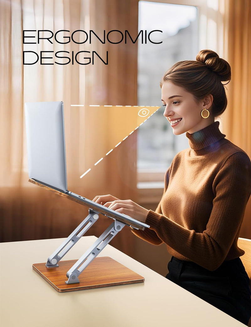 Ergonomic Laptop Stand, Wood & Aluminum Computer Stand with Adjustable Angle, Foldable Dual-Bar Laptop Riser Holder Stand for Desk, Compatible with MacBook, Dell, HP 10-16" (Royal Teak Grain)