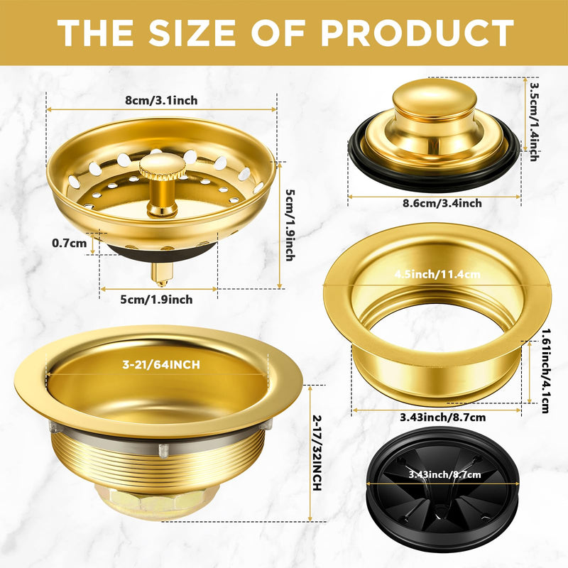 Norme 5 Pcs 3-1/2 Inch Gold Kitchen Sink Drain Strainer Assembly Garbage Disposal Splash Guard Garbage Disposal Flange Stopper Plug Stainless Steel Sink Drain Strainer Replacement Accessories Kit