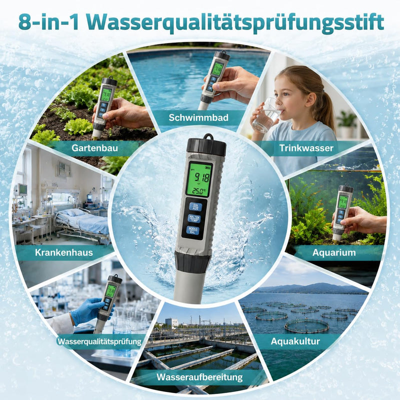 8-in-1 PH Meter Water, Pool Chlorine Meter, Digital Water Quality Tester for pH, TDS, EC, Salinity, S.G., Chlorine, ORP and Temperature, for Swimming Pool, Aquarium, Hot Tub, Drinking Water