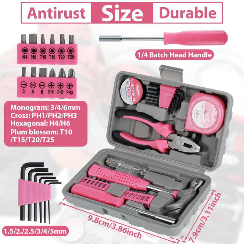 48Pcs Household Repair Tool Kit Multi-Purpose Pink Home Hand Tool Set with Case Hammer and Allen Key Set with Electrical Tape Screwdriver Test Pen Plier Bits 48