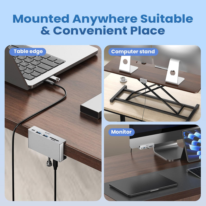 EJAY 5-Port USB 3.0 Hub with Card Reader & Clamp Aluminum Desktop Docking Station with 5Gbps Speed for PC Mac Laptop, 59inches Data and 39inches Power Cable Silver