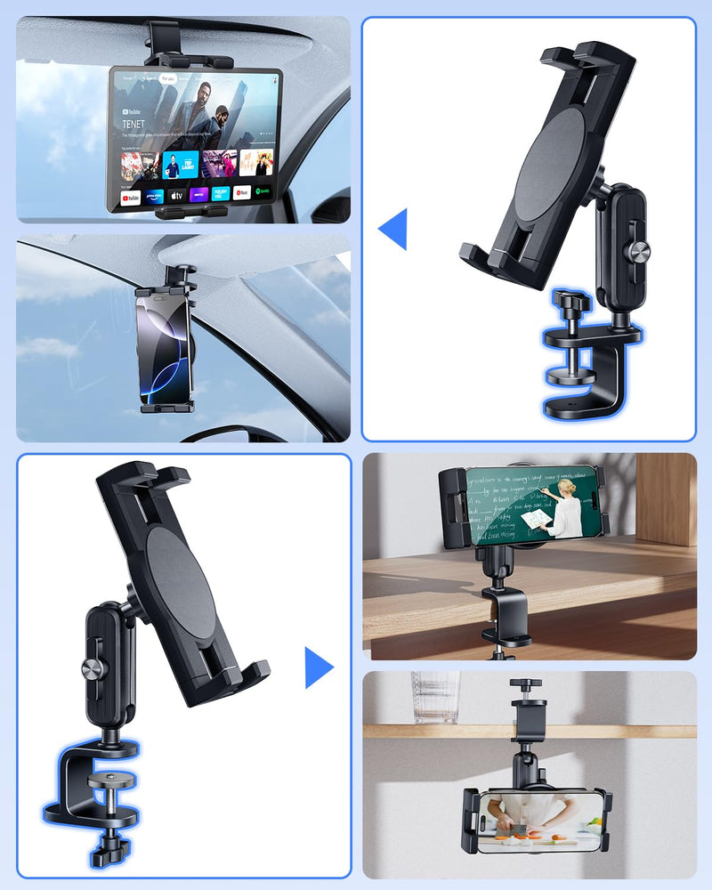 OATSBASF Sun Visor Car Phone Holder, 360°Rotation Multi-Scene Phone Holders for Your Car Dashboard, Rearview Mirror,Sun Visor,Tables, Compatible with 4.6-9.6-inch Phones and Tablets, Black