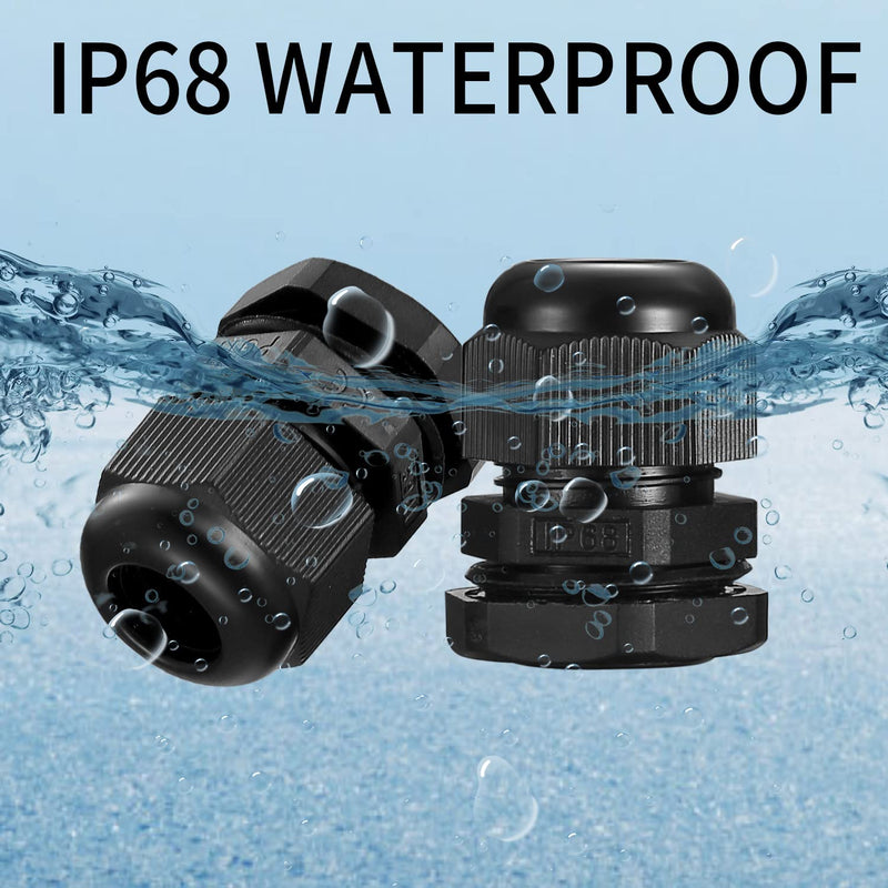 25 piece cable gland set, adjustable cable gland, waterproof, nylon cable glands with locking nuts, black cable connectors - PG7/PG9/PG11/PG13.5/PG16