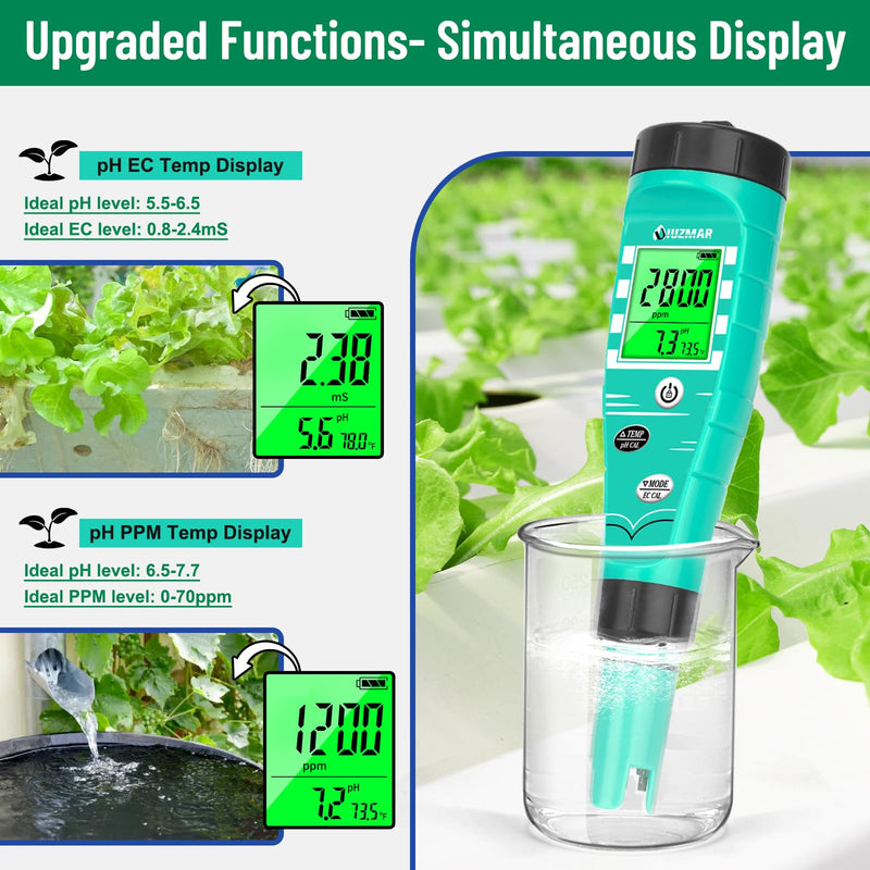 UIUZMAR pH Meter for Hydroponics EC pH Monitor pH ppm Tester for hydroponics System Simultaneous Measurement of pH EC TDS Temperature for DWC Setup Hydro Reservoir Tank, Aeroponic Garden