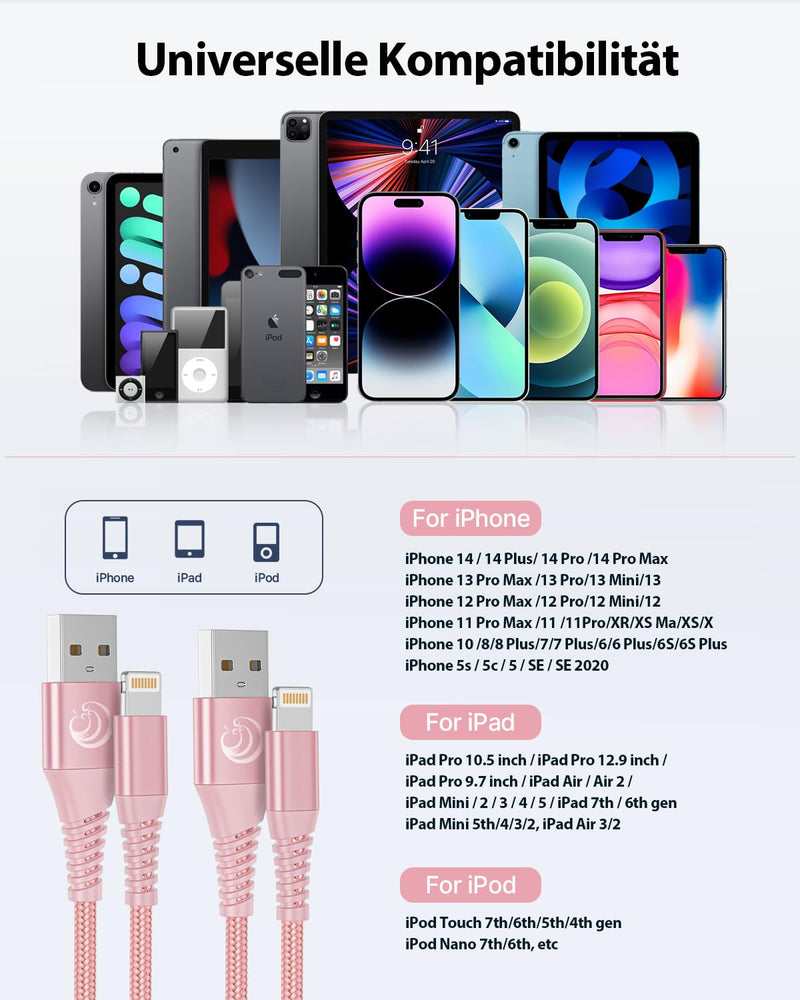 Aioneus iPhone charging cable, Lightning cable [2Pack 2M] MFi certified iPhone cable nylon fast USB charging cable for iPhone 14/14 Pro Max/13/13 Pro/12/12 mini/11/XS/XS Max/XR/X/8/8 Plus/7/7/6s/6/5s/SE Pink