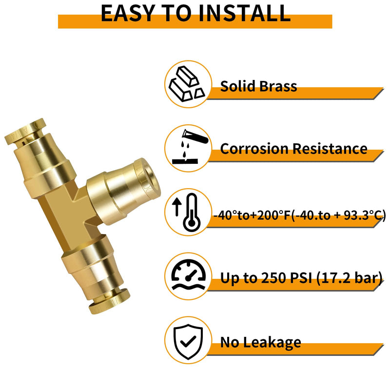 MuHize 1/4" Air Line Quick Connect Fittings - Upgraded Brass Air Brake Line Fitting Push To Connect Fittings Tee 1/4" OD Tube Air Line Connector for Semi Truck Trailers Industry Air System 3Pcs 1/4IN-3PCS Tee