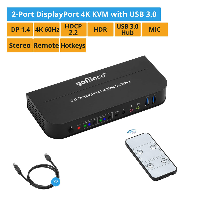 gofanco 2 Port 4K 60HZ DisplayPort KVM Switch with USB 3.0 – DisplayPort 1.4, 4K @60Hz 4:4:4, HDR, HDCP 2.2/1.4, USB Keyboard/Mouse, USB 3.0 Hub, MIC in, Stereo Out, IR Remote, Hotkeys (KVMDP-2P) 2 Port DisplayPort