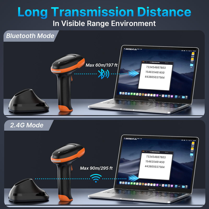 AGPTEK Bluetooth & 2.4GHz Wireless Barcode Scanner with Battery Indicator, Replaceable Battery, 2D/1D QR Code Reader, Wireless Charging Cradle, Ideal for Retail & Warehouse Use