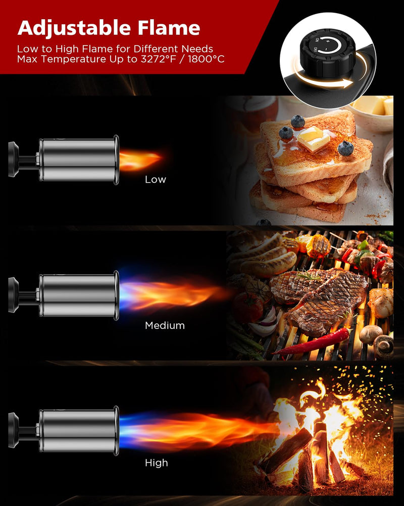 Propane Torch Gun, Weed Torch Propane Burner & Cooking Blow Torch with Safety Lock, One-Touch Max Fire, Adjustable Flame for Searing Steak, BBQ, Charcoal Starter & Weed Burning (Tank Not Included)