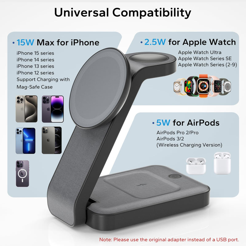 3 in 1 Foldable Wireless Charging Station for MagSafe, Travel Magnetic Charger Stand for iPhone 15 14 13 12 Pro Max, Fast Nightstand Charging Dock with Night Light for Apple Watch/AirPods