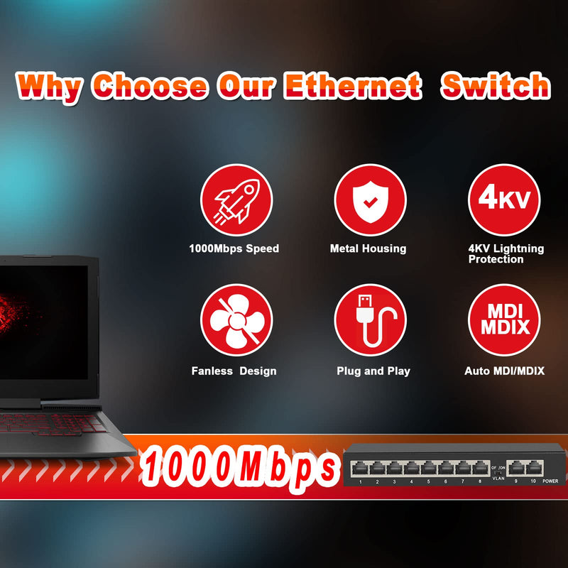 10 Ports Gigabit Ethernet Switch Unmanaged, 8 Gigabit Ports+2 Gigabit Uplink Port, Network Switch,Ethernet Splitter| Plug & Play| Fanless Metal Design| Shielded Ports| Traffic Optimization 10 Ports|8 Ports Gigabit+2xUPLINK Ports