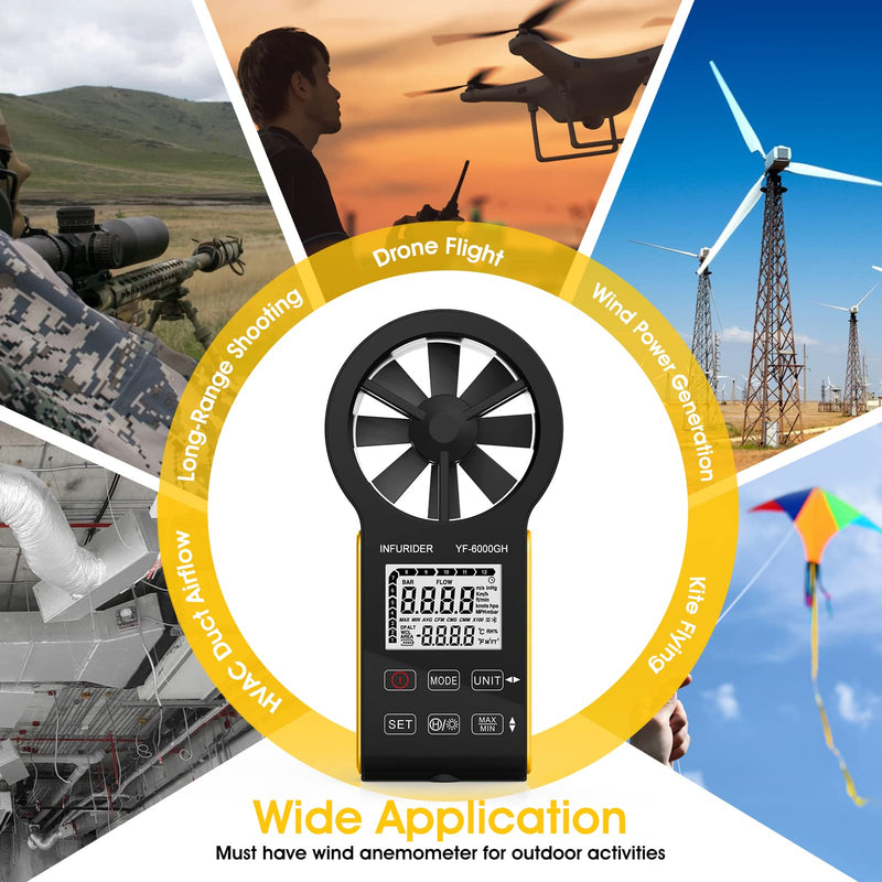 Rechargeable anemometer, wind measuring device, INFURIDER YF-6000GH smart touch digital anemometer hand for measuring wind speed/temperature, wind speed meter gauge for outdoor HVAC airflow