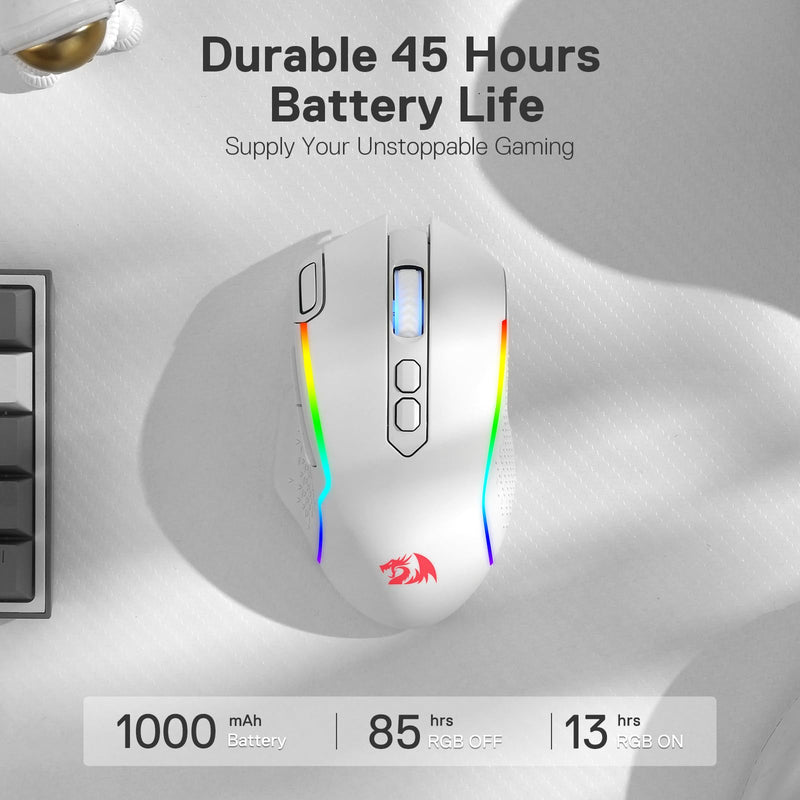 Redragon M810 Pro Wireless Gaming Mouse, 10000 DPI Wired/Wireless Mouse w/Rapid Fire Key, 8 Macro Buttons, 45-Hour Power Capacity and RGB Backlit for PC/Mac/Laptop White