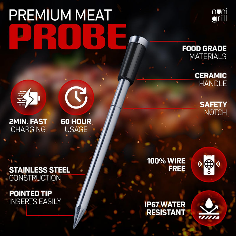 Smart Wireless Meat Thermometer- Digital Meat Thermometer for Smoker, Grilling & Oven Smartphone App Digital Meat Thermometer Wireless, 200ft Range, Rechargeable (One Probe) One Probe