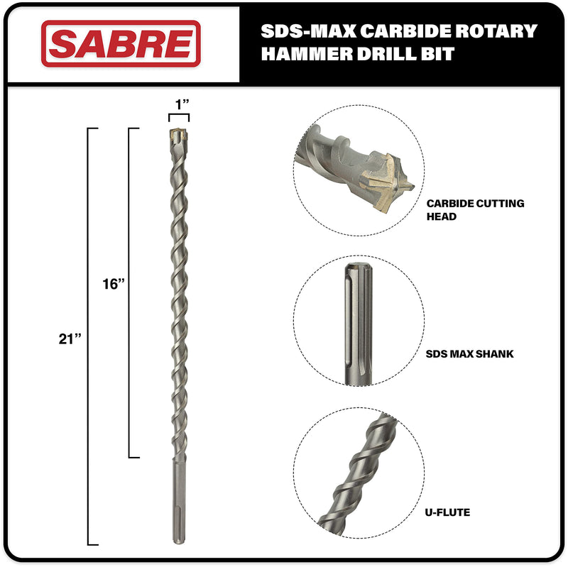 Sabre Tool 1 Inch x 21 Inch SDS MAX Rotary Hammer Drill Bit, U-Flute, Carbide Tipped for Brick, Stone, and Concrete (1inches x 16inches x 21SDS MAX Hammer Drills ONLY 1" x 21"