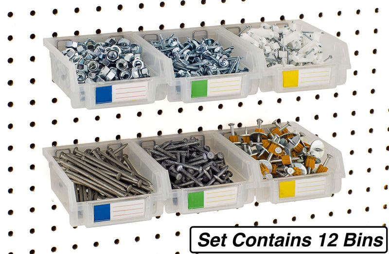 Pegboard Bins - 12 Pack Clear - Hooks to Any Peg Board - Organize Hardware, Accessories, Attachments, Workbench, Garage Storage, Craft Room, Tool Shed, Hobby Supplies, Small Parts 3.5 Inch (Pack of 12)